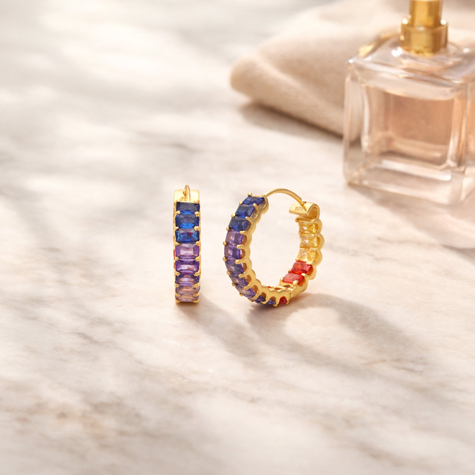 925 Sterling Silver Gold-Plated Multicolor Stone Hoop Earrings for Women | CZ Studded Designer Hoops