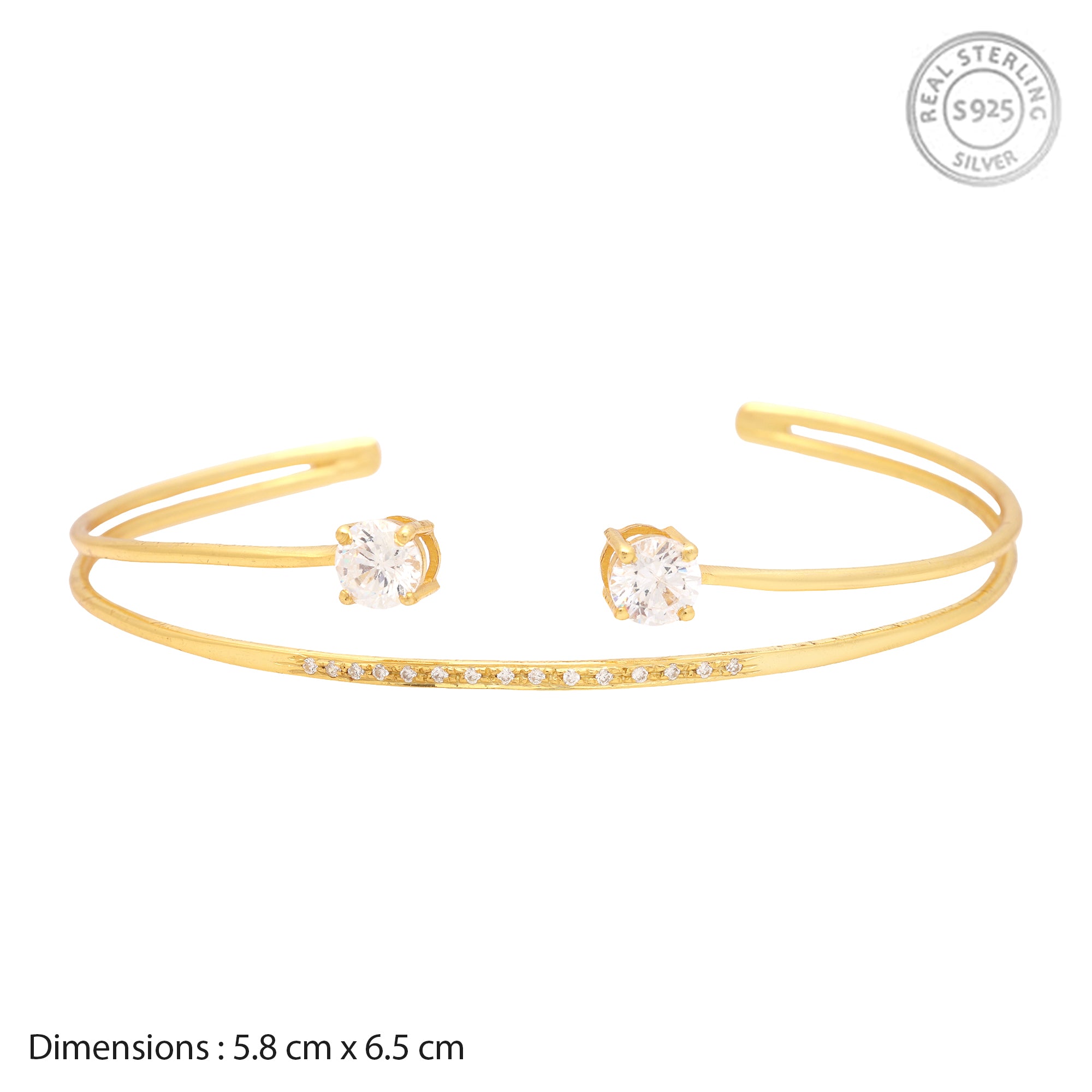 925 Sterling Silver Gold-Plated Open Cuff Bracelet with CZ Stones | Adjustable Minimal Designer Kada for Women