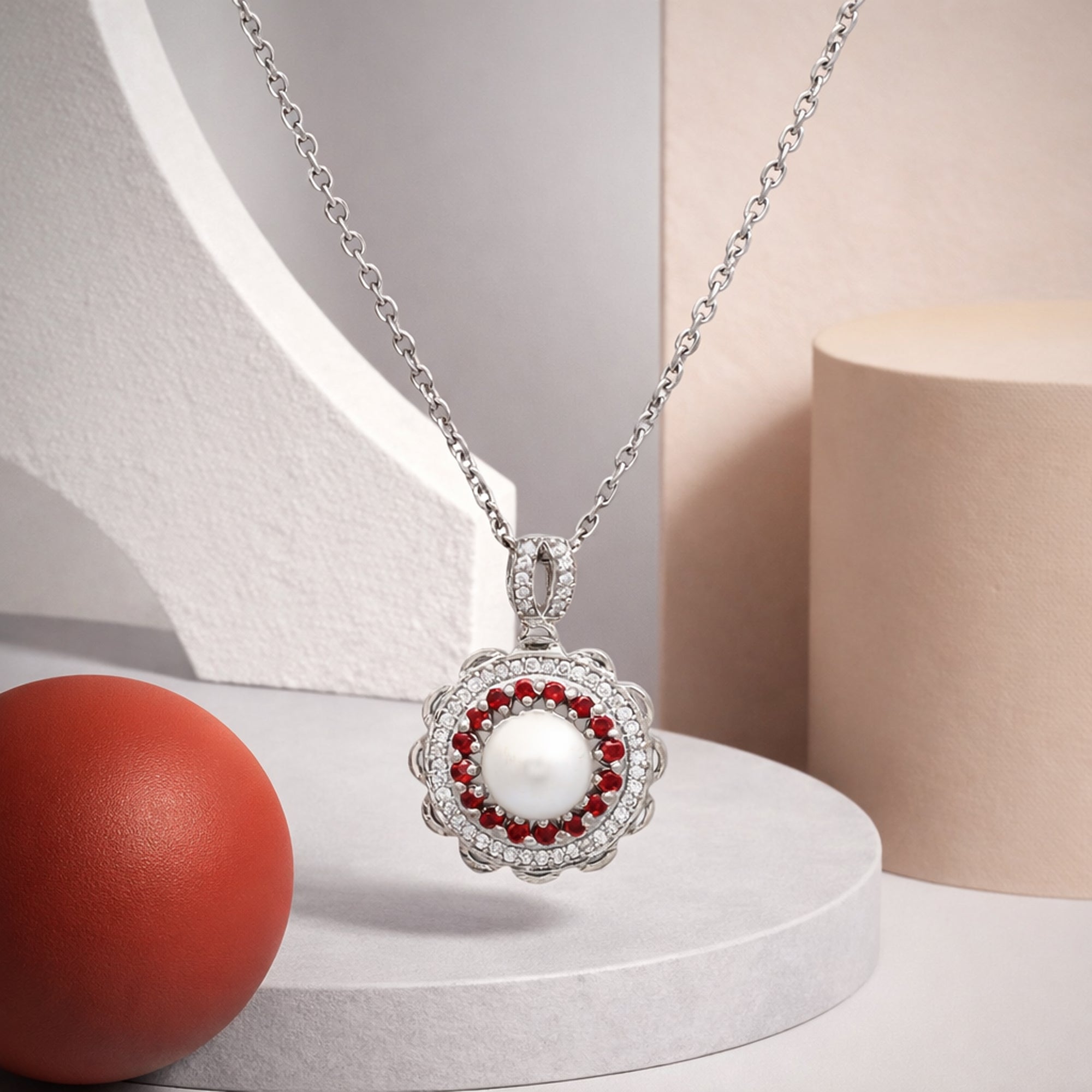 Vintage Pearl Halo Pendant Necklace in 925 Sterling Silver with Red & White Stones