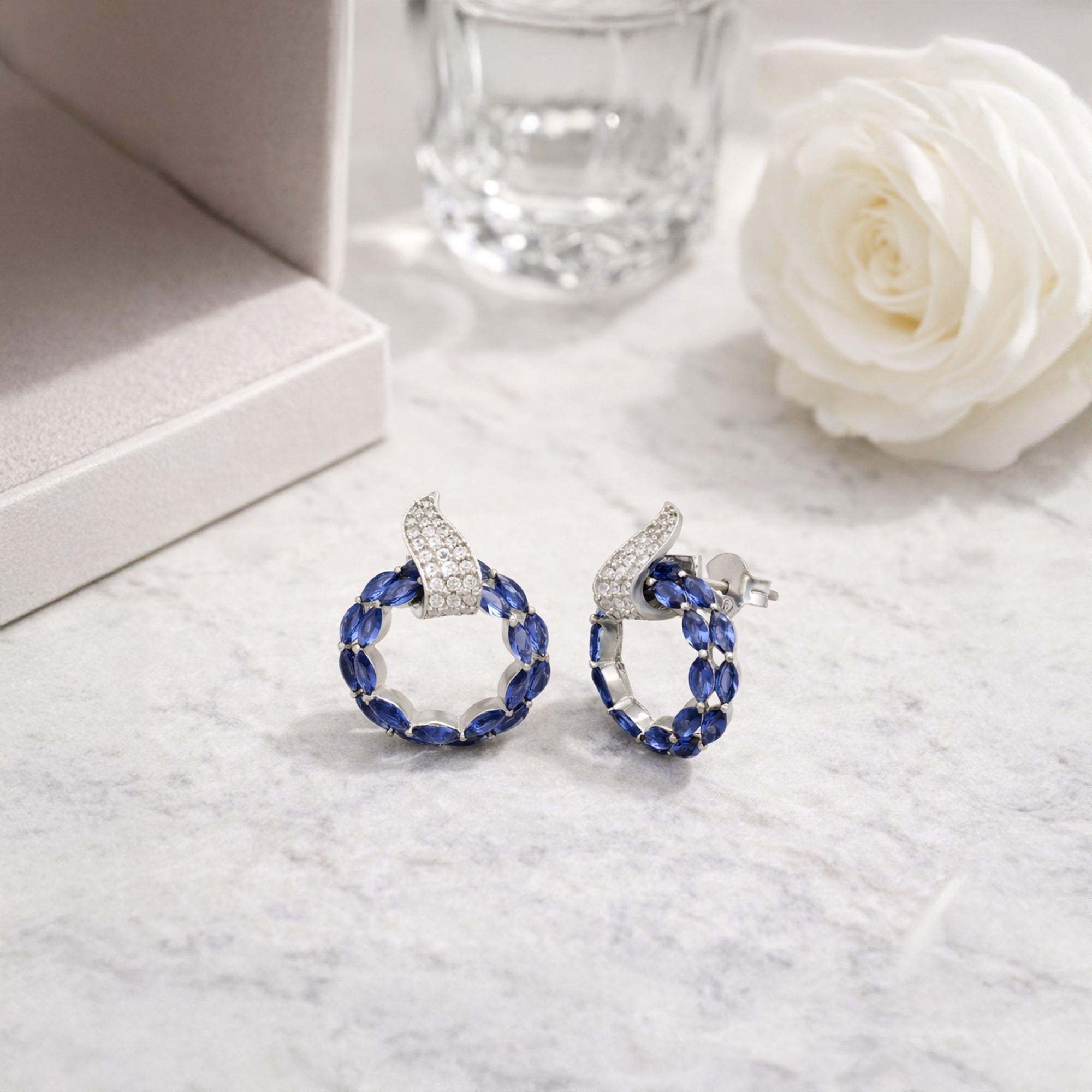 925 Sterling Silver Blue Stone Circle Stud Earrings with CZ Accent | Elegant Designer Earrings for Women