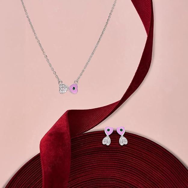 Pink Heart Necklace & Earring Set – Enamel & CZ Accent in Silver Tone