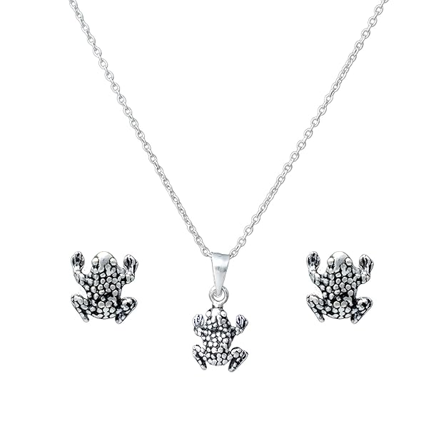 Silver Frog Design Pendant with Earrings Set for Women