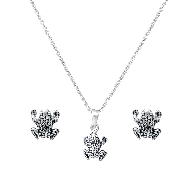Silver Frog Design Pendant with Earrings Set for Women