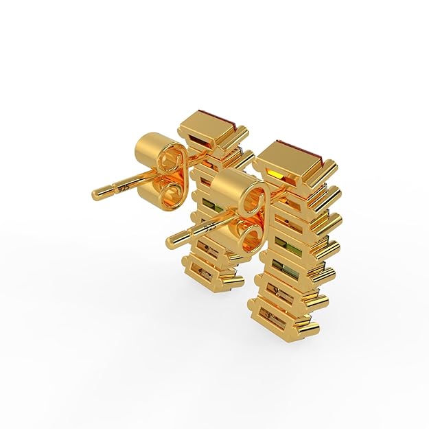 Rainbow Crystal Stud Earrings, 18K Gold Plated, Multi-Colored Baguette Cut Gemstones, Geometric Bar Design, Fashion Statement Jewelry