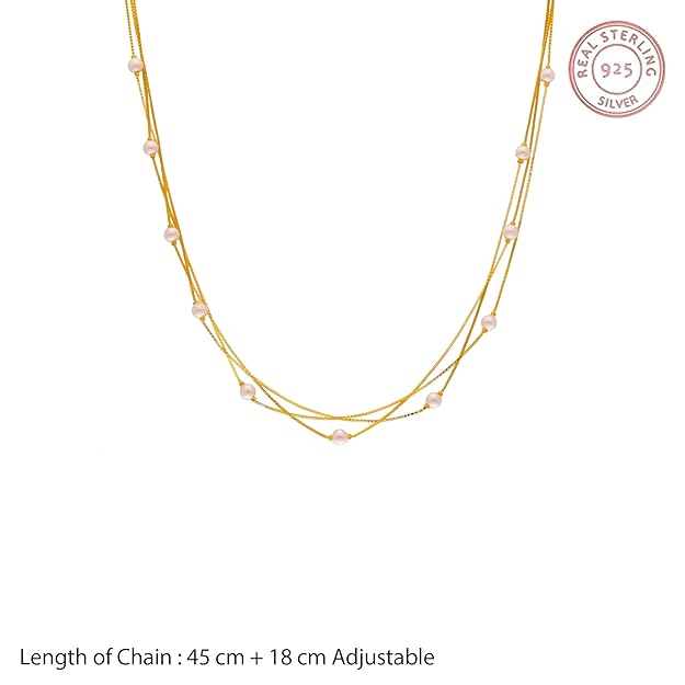 925 Sterling Silver | Triple-Layer Pearl Accent Necklace – Delicate Multi-Strand Chain in Rose Gold or Yellow Gold Plating with Glossy White Beads for Festive and Everyday Elegance