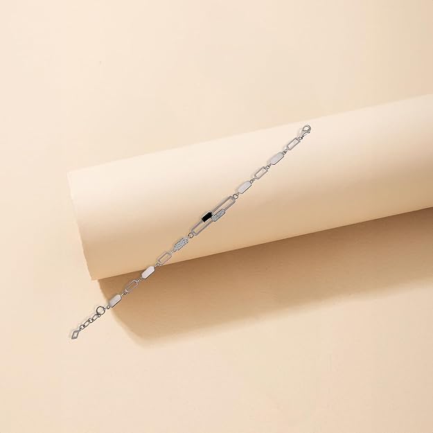 925 Sterling Silver Bracelet with Polished and Textured Links and Dark Center Accent