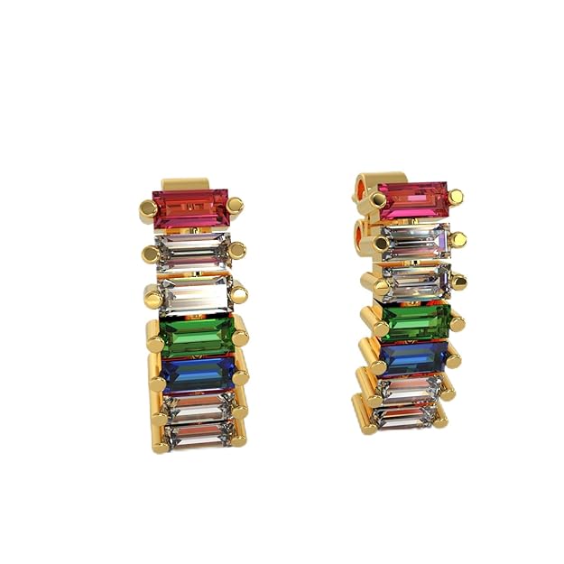 Rainbow Crystal Stud Earrings, 18K Gold Plated, Multi-Colored Baguette Cut Gemstones, Geometric Bar Design, Fashion Statement Jewelry