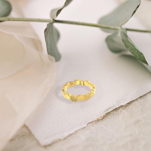 925 Sterling Silver Gold Plated Ring for Women – Polished Disc Band Design, Minimalist Lightweight [Size-13, Adjustable]