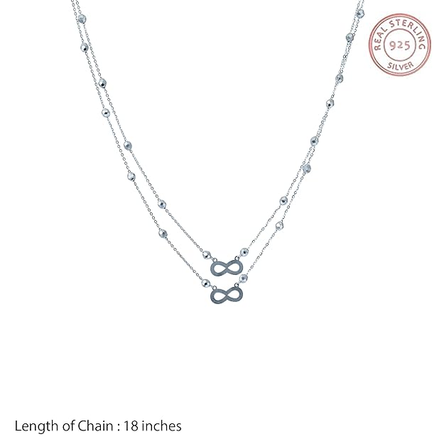 925 Sterling Silver Double Layer Infinity Pendant Necklace for Women – Dainty Layered Chain with Beaded Accents – Elegant Silver Jewelry Gift for Her