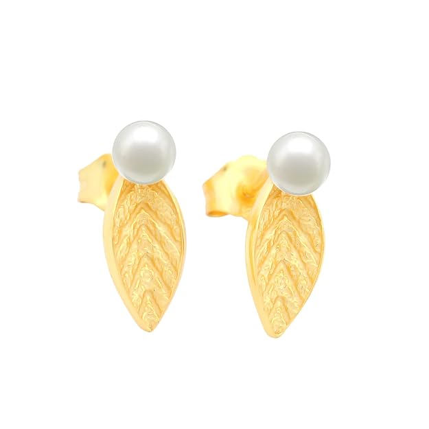 925 Sterling Silver | Gold Plated Leaf Stud Earrings for Women – Textured Drop Design with White Pearl Accent, Lightweight Elegant Jewelry