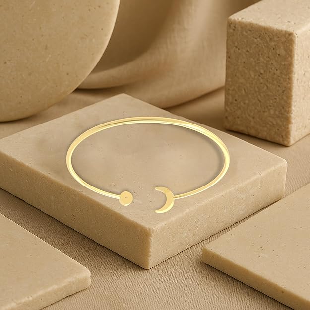 925 Sterling Silver | Gold Plated Open Cuff Bracelet for Women – Crescent Moon and Pearl Tip Design, Minimalist Adjustable Bangle