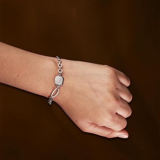 Women's Sterling Silver Designer Link Bracelet with Pave Lock Charm and Star Accent – Modern Statement Jewelry