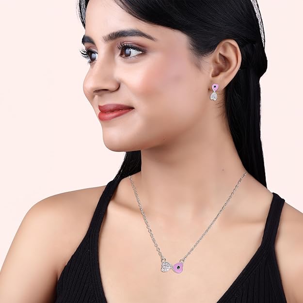 Pink Heart Necklace & Earring Set – Enamel & CZ Accent in Silver Tone