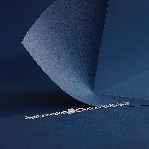 Women's Sterling Silver Designer Link Bracelet with Pave Lock Charm and Star Accent – Modern Statement Jewelry