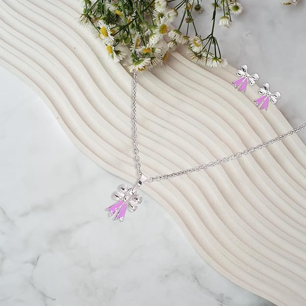 Silver Bow Pendant & Earring Set – Pink Enamel Ribbon Design