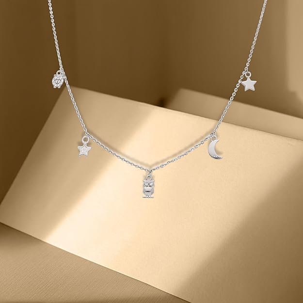 Dainty 925 Silver Chain Necklace with Celestial Charms – Moon, Star & Owl Pendant for Women