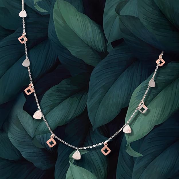 925 Sterling Silver Dual-Tone Square & Triangle Charm Necklace for Women | Rose Gold & Silver Dainty Chain Jewelry