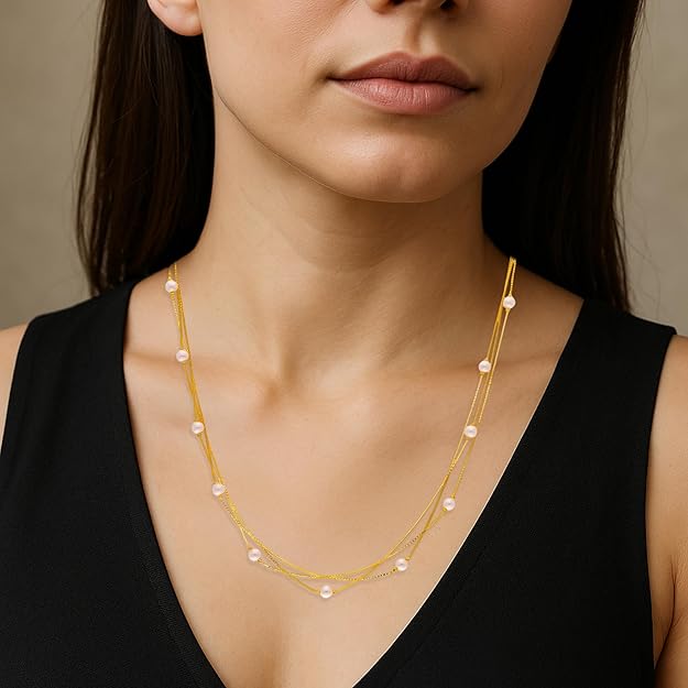 925 Sterling Silver | Triple-Layer Pearl Accent Necklace – Delicate Multi-Strand Chain in Rose Gold or Yellow Gold Plating with Glossy White Beads for Festive and Everyday Elegance