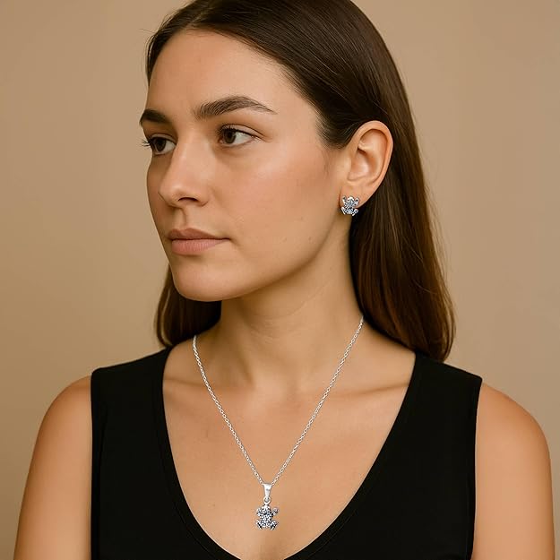Silver Frog Design Pendant with Earrings Set for Women