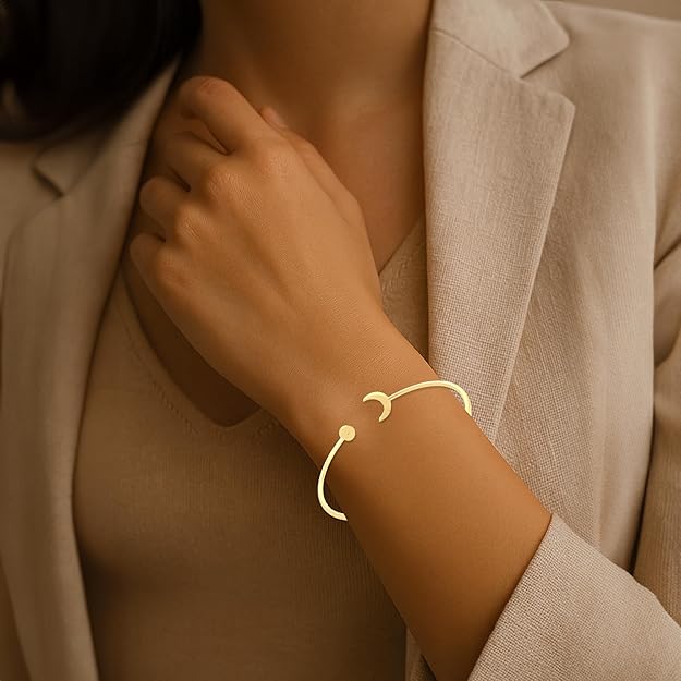925 Sterling Silver | Gold Plated Open Cuff Bracelet for Women – Crescent Moon and Pearl Tip Design, Minimalist Adjustable Bangle