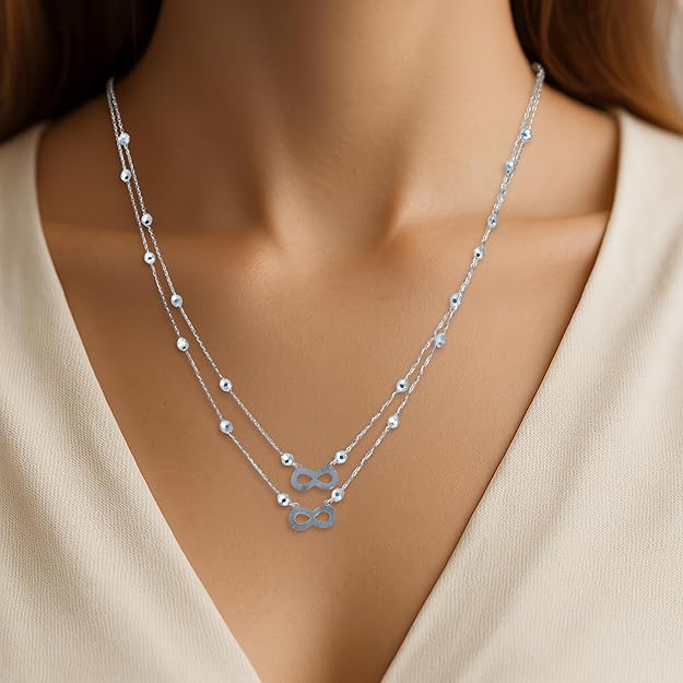 925 Sterling Silver Double Layer Infinity Pendant Necklace for Women – Dainty Layered Chain with Beaded Accents – Elegant Silver Jewelry Gift for Her