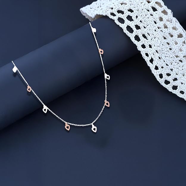 925 Sterling Silver Heart Charm Chain Necklace for Women – Rose Gold & Silver Toned Layered Style