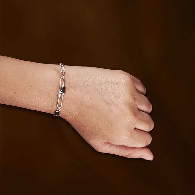 925 Sterling Silver Bracelet with Polished and Textured Links and Dark Center Accent
