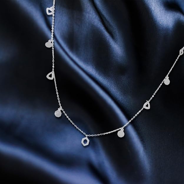 925 Silver Dainty Necklace Featuring Hexagon & Organic Charms – Chic Minimal Jewelry | Unique Geometric Dangling Charms