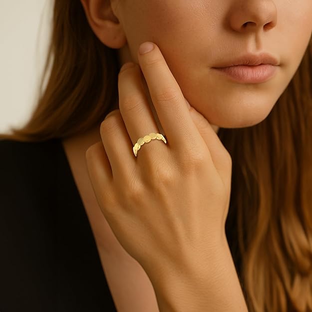 925 Sterling Silver Gold Plated Ring for Women – Polished Disc Band Design, Minimalist Lightweight [Size-13, Adjustable]