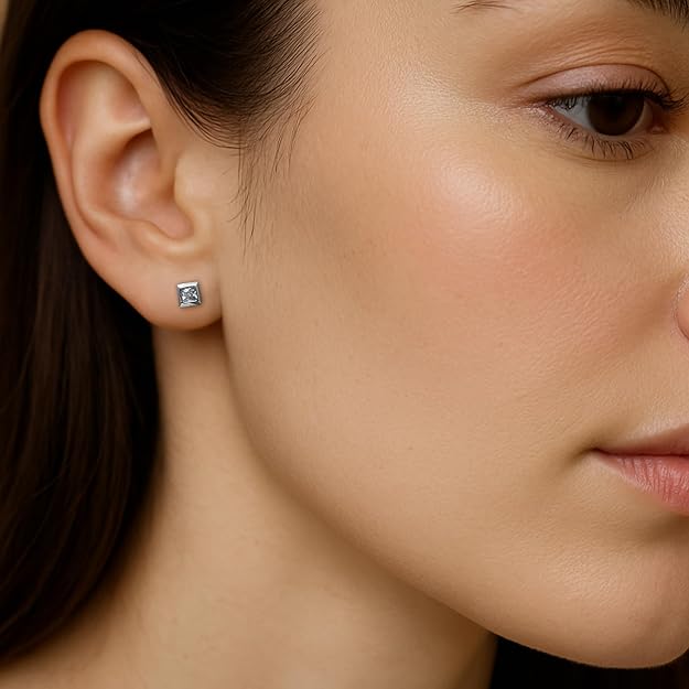 Sterling Silver Princess Cut CZ Stud Earrings for Women – Hypoallergenic Square Cubic Zirconia Earrings – Classic Silver Stud Jewelryr, Gift for Her
