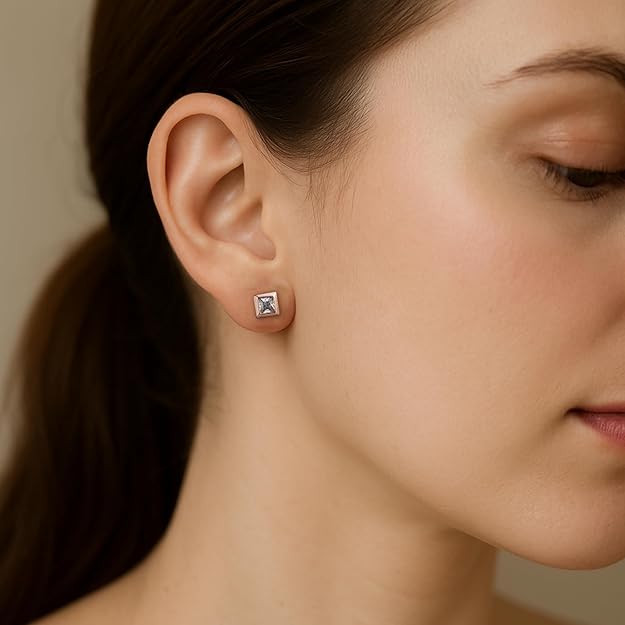 Rose Gold Princess Cut Diamond Stud Earrings for Women – Square Bezel Set, Minimalist Fine Jewelry