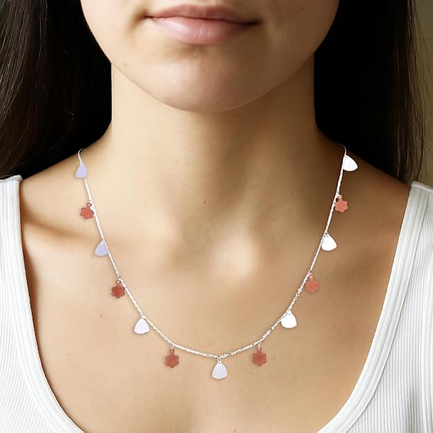 925 Sterling Silver Dual-Tone Flower Charm Necklace for Women and Girls | Rose Gold & Silver Heart Pendant Chain