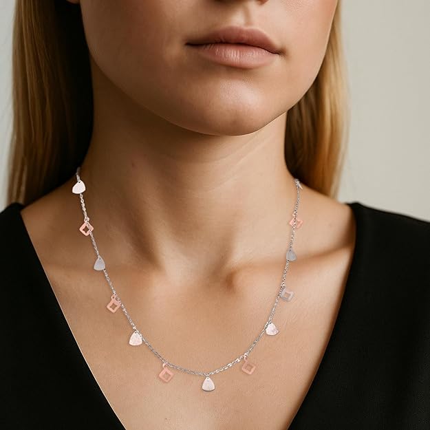 925 Sterling Silver Dual-Tone Square & Triangle Charm Necklace for Women | Rose Gold & Silver Dainty Chain Jewelry