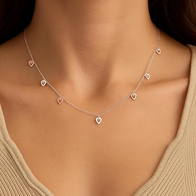 925 Sterling Silver Heart Charm Chain Necklace for Women – Rose Gold & Silver Toned Layered Style