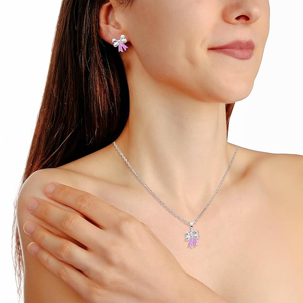 Silver Bow Pendant & Earring Set – Pink Enamel Ribbon Design