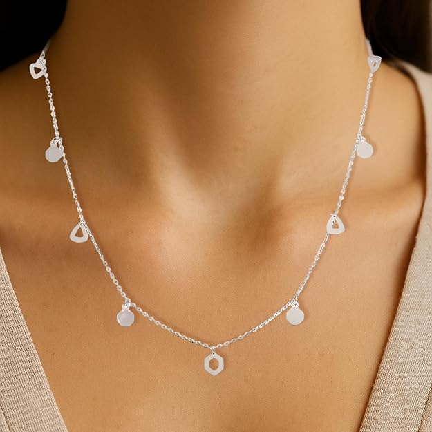 925 Silver Dainty Necklace Featuring Hexagon & Organic Charms – Chic Minimal Jewelry | Unique Geometric Dangling Charms