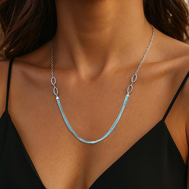 925 Sterling Silver Blue Beaded Necklace for Women