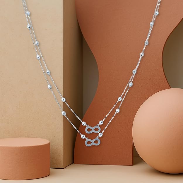 925 Sterling Silver Double Layer Infinity Pendant Necklace for Women – Dainty Layered Chain with Beaded Accents – Elegant Silver Jewelry Gift for Her