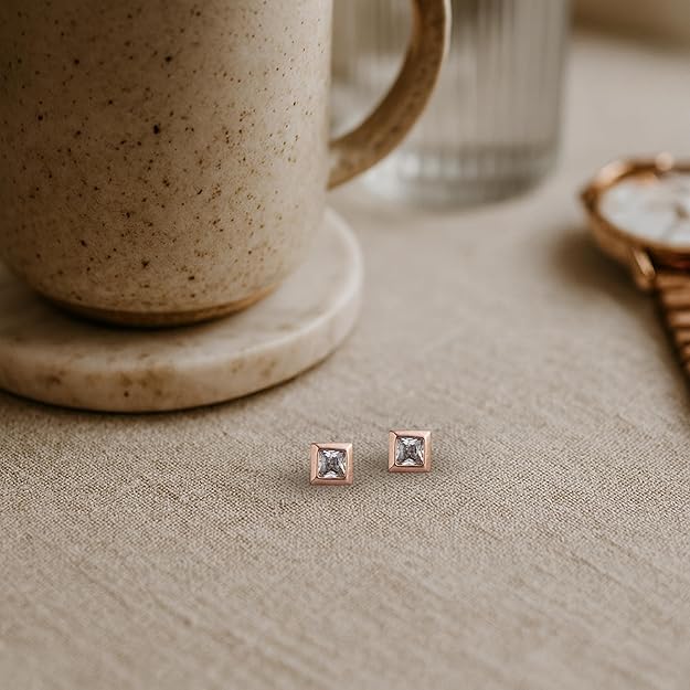 Rose Gold Princess Cut Diamond Stud Earrings for Women – Square Bezel Set, Minimalist Fine Jewelry