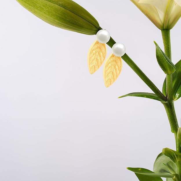 925 Sterling Silver | Gold Plated Leaf Stud Earrings for Women – Textured Drop Design with White Pearl Accent, Lightweight Elegant Jewelry