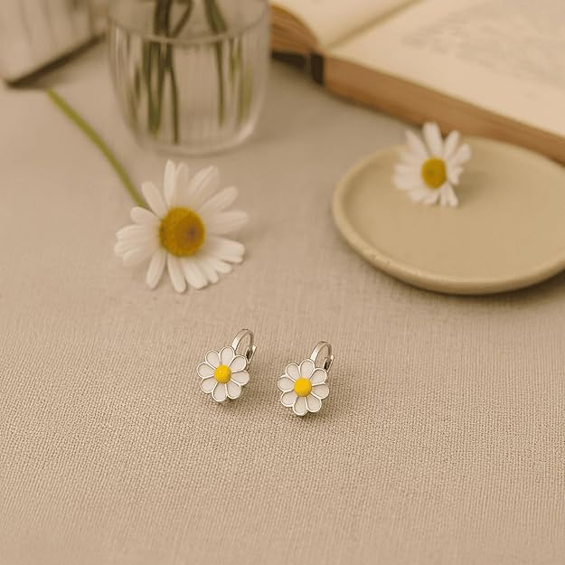 Sterling Silver Daisy Flower Earrings – White Petal & Yellow Center Enamel Jewellery for Women & Girls