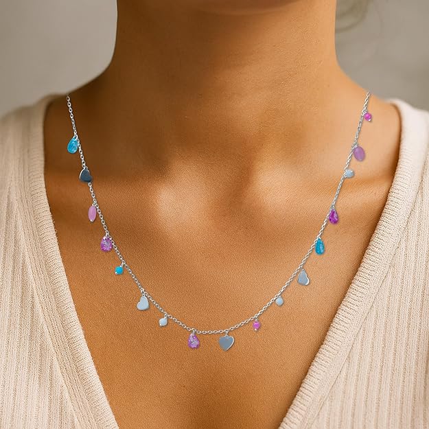 Sterling Silver Chain Necklace with Multicolor Crystal Teardrops & Heart Charms