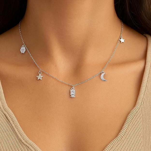 Dainty 925 Silver Chain Necklace with Celestial Charms – Moon, Star & Owl Pendant for Women