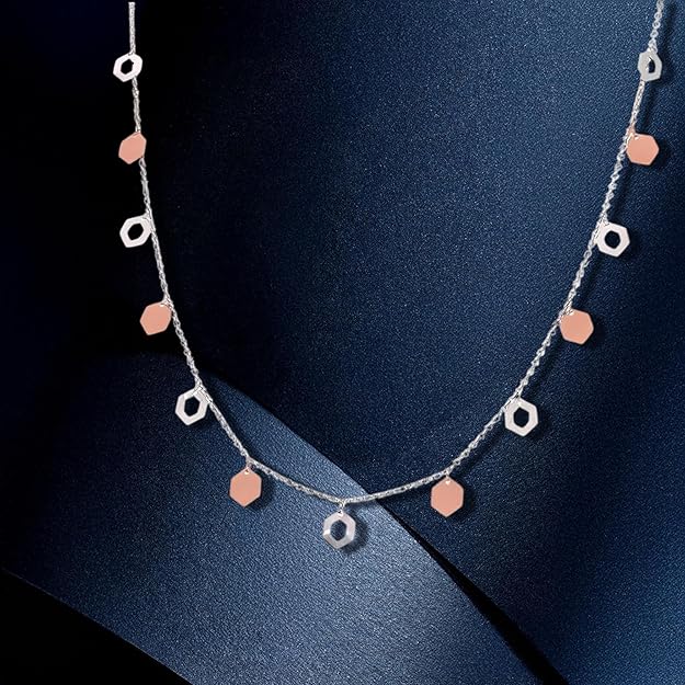 925 Sterling Silver Dual-Tone Hexagon Charm Necklace for Women | Rose Gold & Silver Geometric Dainty Chain