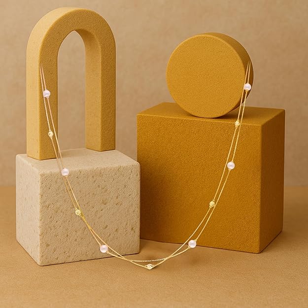 925 Stering Silver | Double Layer Gold Plated Necklace – Delicate Dual Chain with White Pearls and Textured Gold Beads for Everyday and Ethnic Wear
