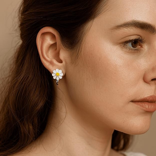 Sterling Silver Daisy Flower Earrings – White Petal & Yellow Center Enamel Jewellery for Women & Girls