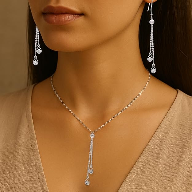 925 Sterling Silver Jewelry Set with Polished Ball Pendant Necklace and Long Dual-Strand Chain Drop Earrings – Lightweight and Elegant Design for Daily to Occasion Wear