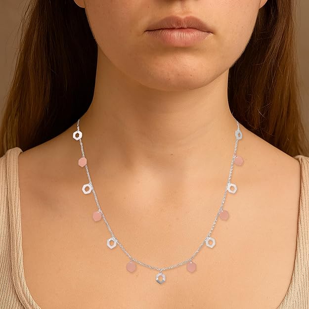 925 Sterling Silver Dual-Tone Hexagon Charm Necklace for Women | Rose Gold & Silver Geometric Dainty Chain