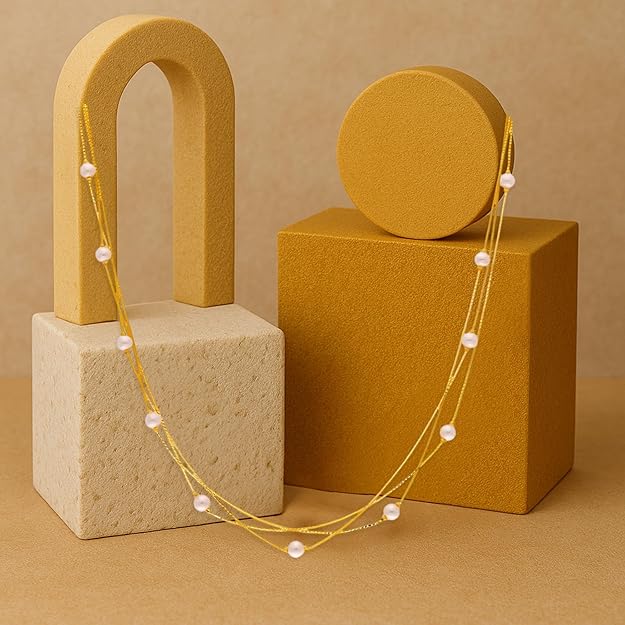 925 Sterling Silver | Triple-Layer Pearl Accent Necklace – Delicate Multi-Strand Chain in Rose Gold or Yellow Gold Plating with Glossy White Beads for Festive and Everyday Elegance