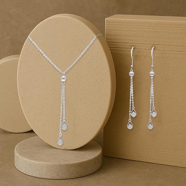 925 Sterling Silver Jewelry Set with Polished Ball Pendant Necklace and Long Dual-Strand Chain Drop Earrings – Lightweight and Elegant Design for Daily to Occasion Wear